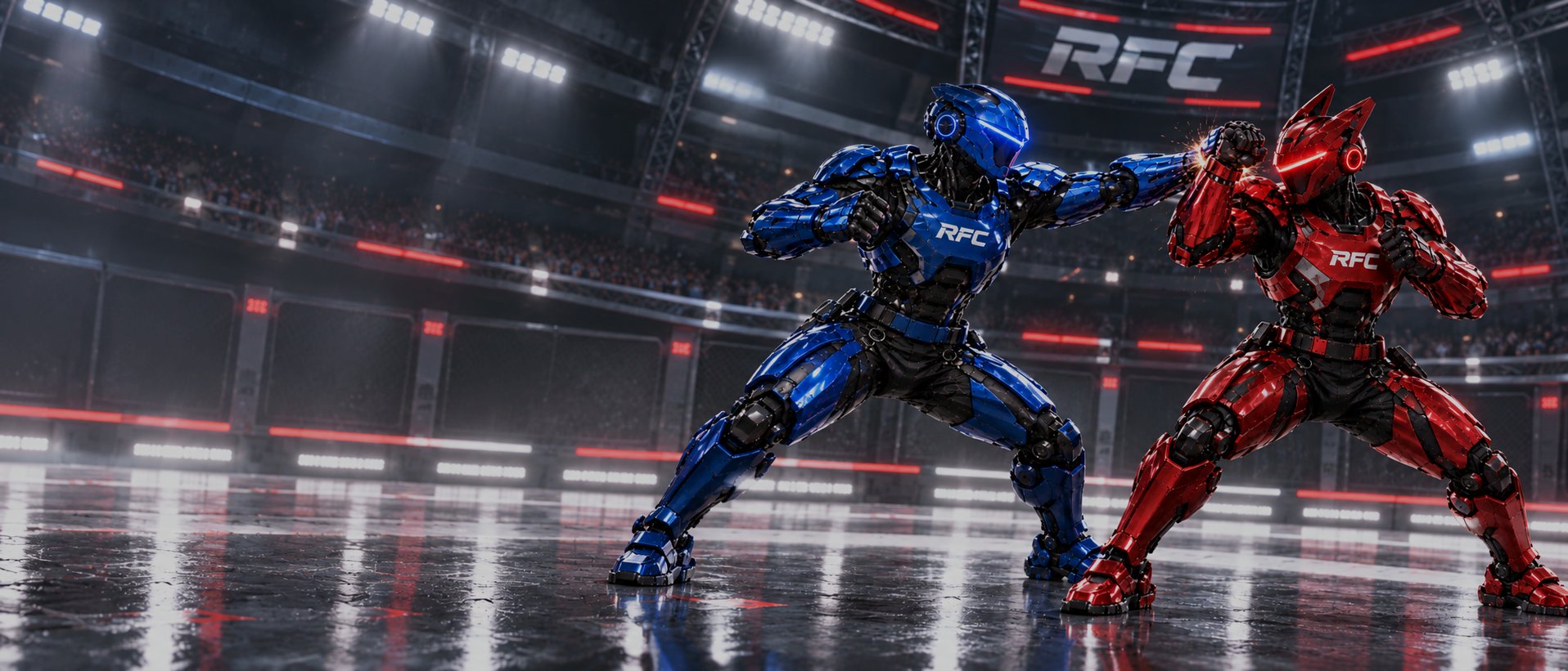 A blue and a red RFC humanoid trading punches in a floodlit arena in front of a packed crowd